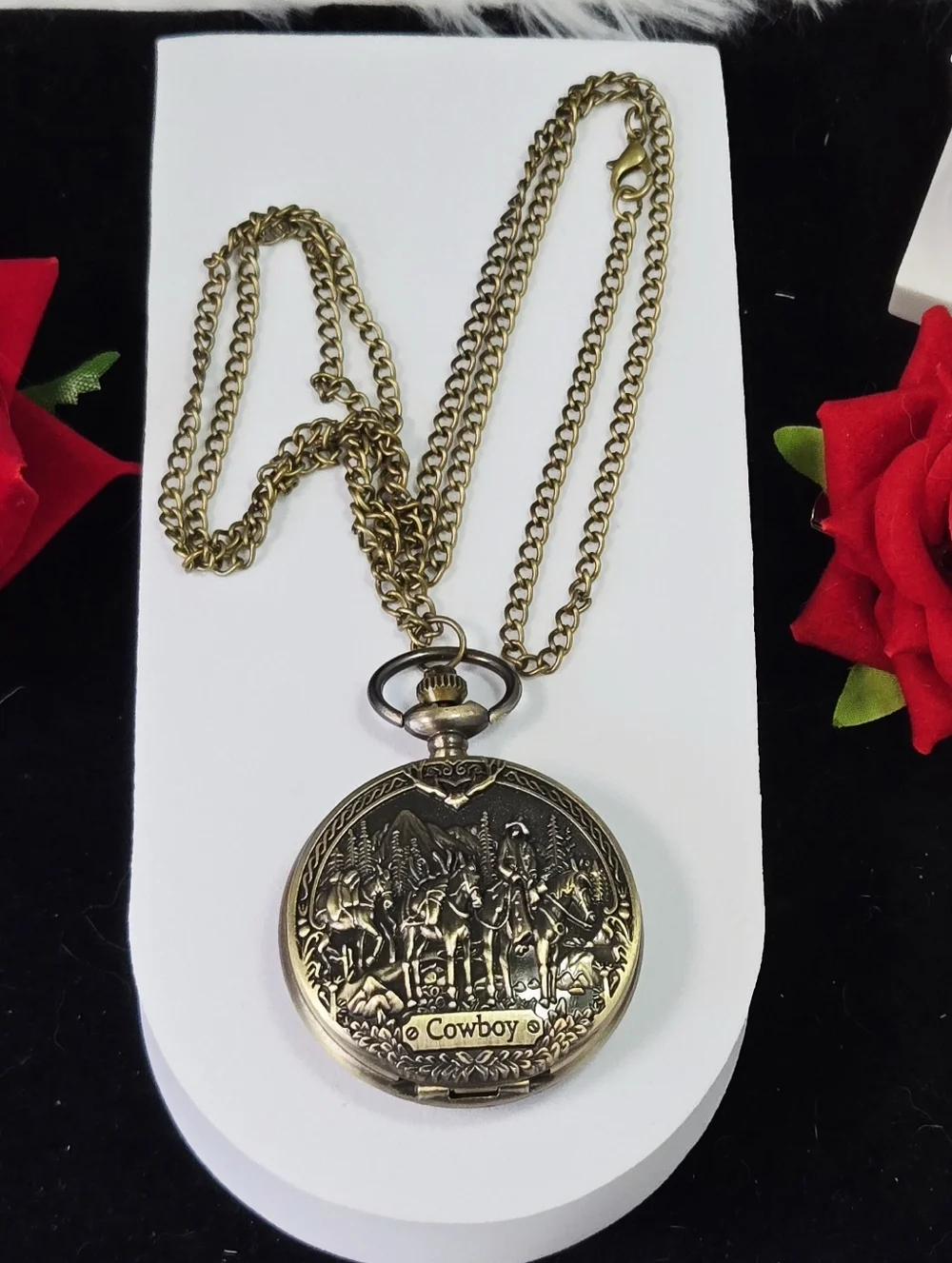Cowboy Pocket Watch Chain Western Horse Rider Antique Bronze Rugged Rustic Gift